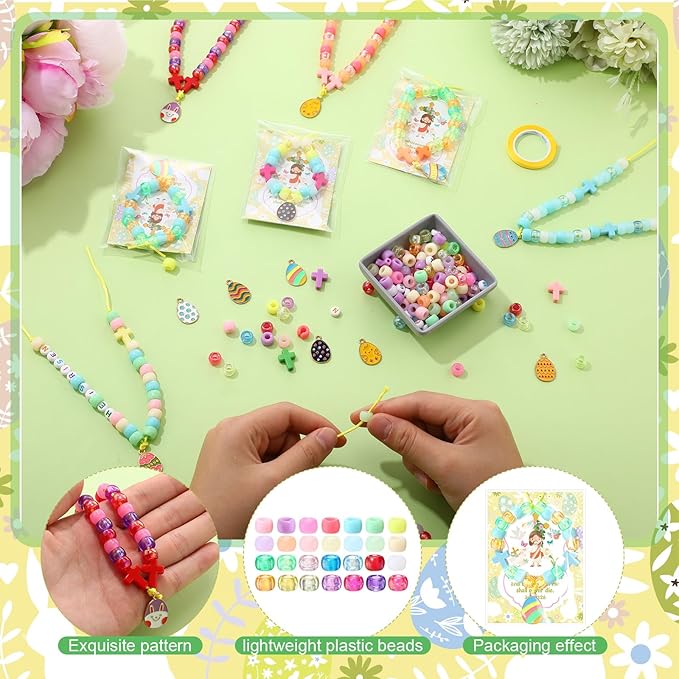 Ferreve 25 Sets Easter Beads Necklace Craft Kit DIY He is Risen Craft Acrylic Cross Bead Alloy Easter Egg Pendant Christian Religious Gifts with Jesus Greeting Card for Church Party Favor Activities