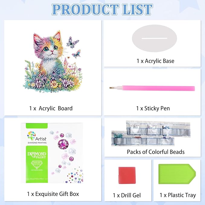 KEYIFA Diamond Painting Desktop Ornament, DIY Colorful Cat Diamond Art for Adults Beginner, Flower Gem Arts Table Decor Special Shaped Rhinestone Crafts Home Desk Decoration Gift, Double Sided