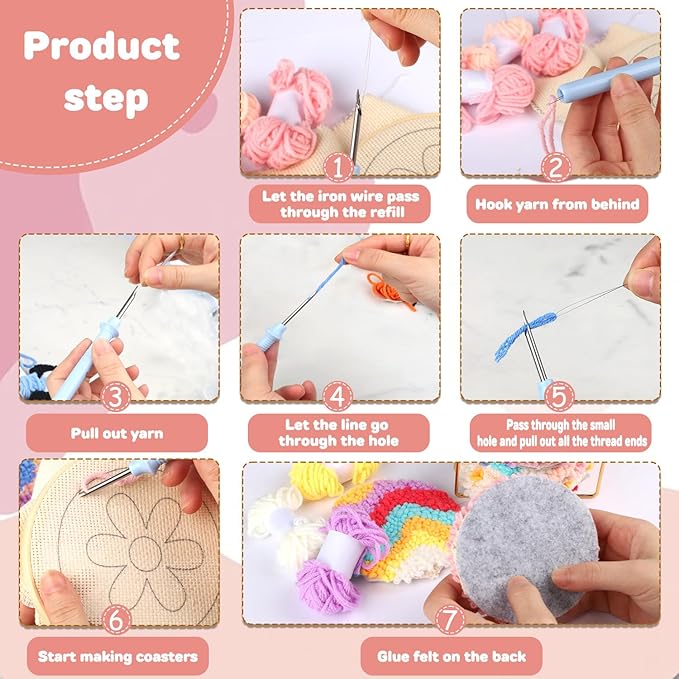 AIRDEA Punch Needle Drink Coasters Kit,Casual Punch Needle Embroidery Complete Kits for Beginner 3.29x3.29 Inches,Included All Accessories,DIY Car Coasters (Pink)