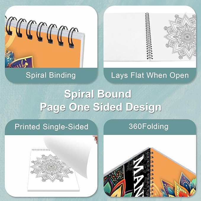 CKMOREL Spiral Bound Adult Coloring Book, Mandala Coloring Book for Adults, Thick Paper, 24 Pages, Single-Sided, Mindfulness Gift for Women