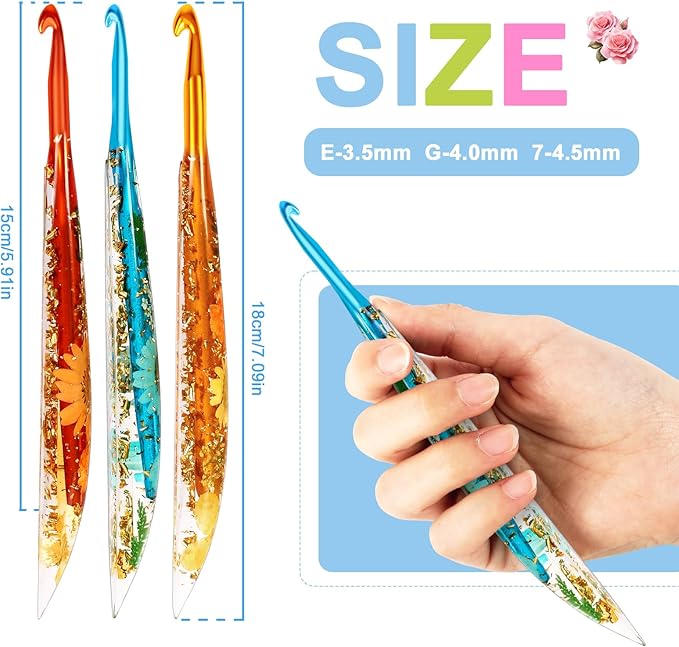 KOKNIT Ergonomic Crochet Hooks Set - 3 Sizes with Floral Resin Handles for Arthritis & Beginners, Comfort Grip for Hand Pain, Extended Soft Handle Design (Multicolor, 5-5.5-6mm)