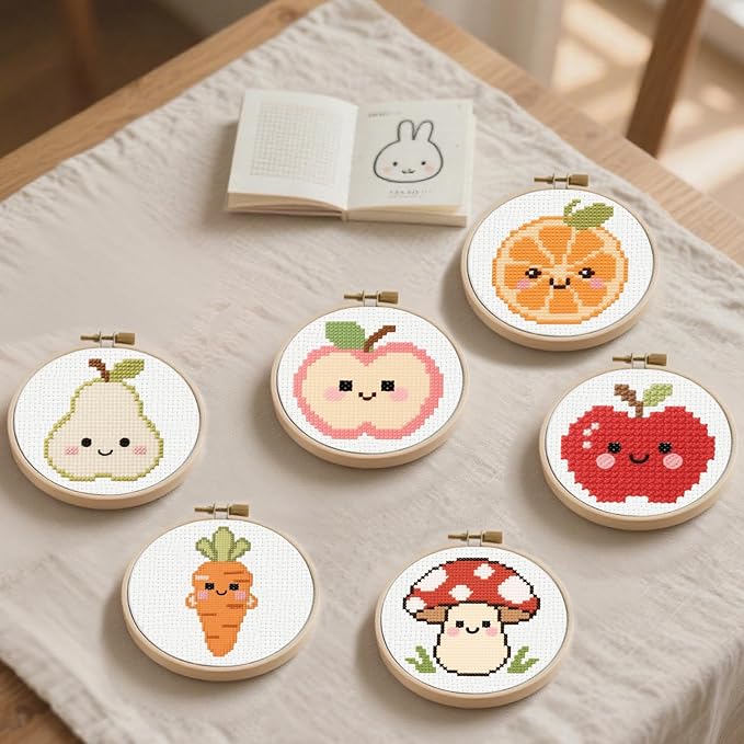 57lilina Cross Stitch Kits for Kids - 6 Set Easy Beginners Embroidery Kit for Kids, DIY Cute Pre Printed Stamped Crossstitch Needlepoint Patterns Craft for Backpack Charms, Keychains & Girls Gifts
