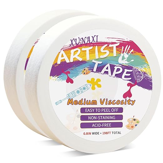 2 Packs Artist Tape Medium Tack White Art Tape for Watercolor Paper Drafting Art Painting Canvas Framing Acid Free Masking Tape- 0.8IN Wide 197FT Long Total