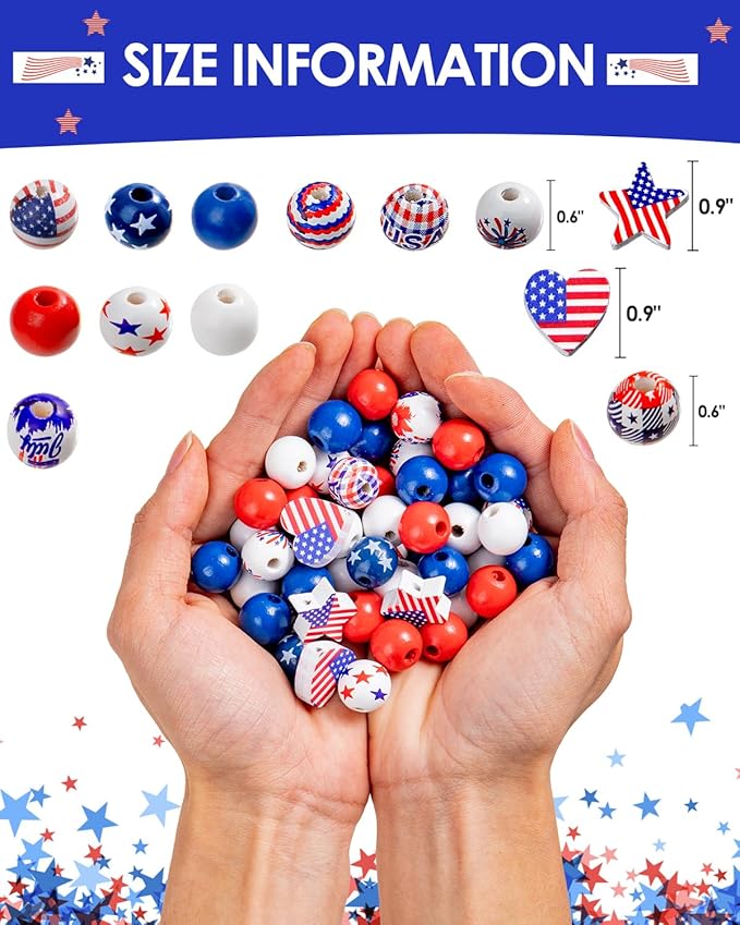 Goldwise 120Pcs 4th of July Wooden Beads Garland, Patriotic Red White Blue Beads for DIY Crafts, Independence Day Wood Beads with American Flag Stars for Bracelets Necklaces Tiered Tray Decor