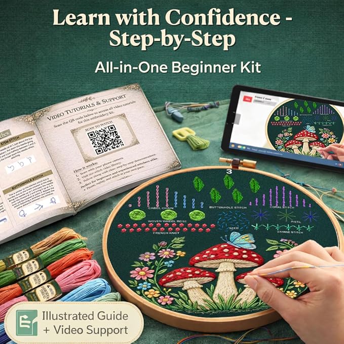 Moni Crafts - Embroidery Kit for Beginners Adults – Learn Embroidery Stitches, Complete Starter Kit with 4 Pre-Printed Patterns (Mushroom & Floral), Threads, Needles & Hoop – Video Tutorials