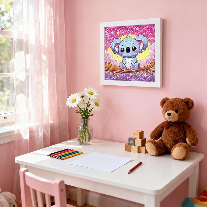 PERFECTSIGHT Cute 5D Diamond Art Kits with Wooden Frame, Kawaii DIY Painting Art for Adults, Diamond Arts and Crafts Sets, Big Gem Full Drill Diamond Dots for Women (Pink Koala)