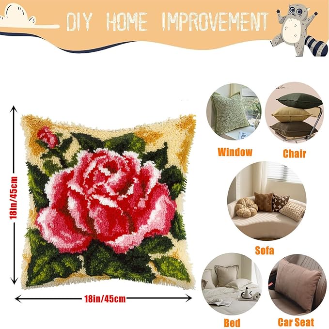 EMISTEM Latch Hook Kits for Adults - Latch Hook Pillow Kits, Crochet Yarn Kit for Beginners, DIY Needlework Crafts Cover Case with Printed Canvas, (Red Rose,17x17 inch)