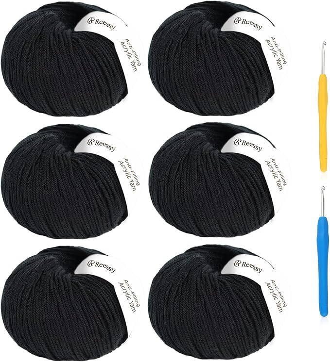 Acrylic Yarn for Crocheting Size 3, Reessy 786 Yards Soft DK Weight Yarn (CYC #3), No-Splitting and 2pcs Crochet Hooks for Beginners, Solid 6 Skeins for Small Crochet or Knitting Projects（Black）