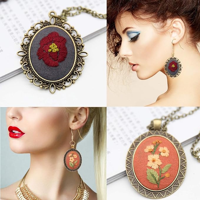 MWOOT 3 Pack Pendant Embroidery Starter Kit for Beginners, Retro Necklace Series Cross Stitch Tools for Necklace & Earrings & Hand Sewing Jewelry & Creative Gifts,Style B