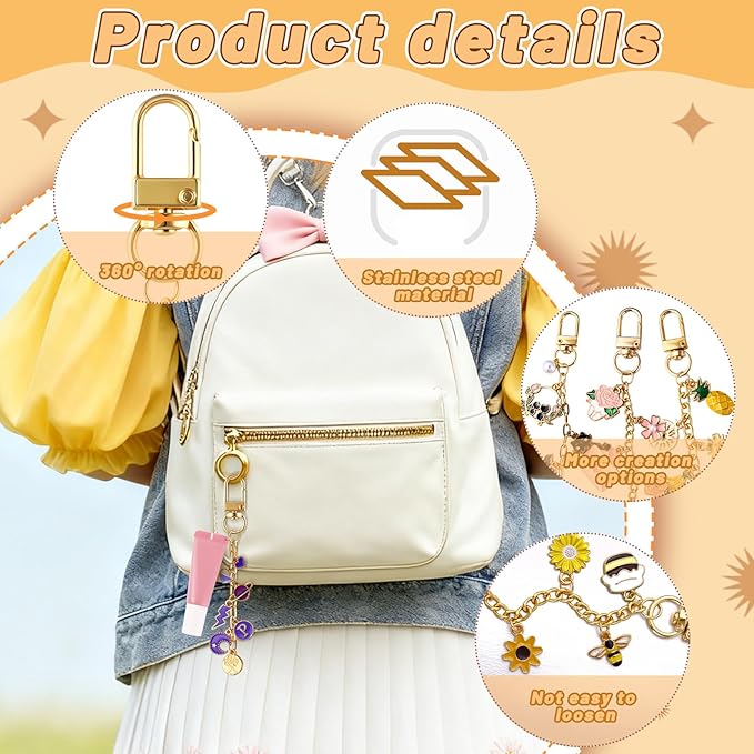 wurosi 52 set lip gloss keychain making kit, gold keychain clips hooks with extender chain, gift bags, thank you cards, 5m hemp rope, for diy key chain making crafts