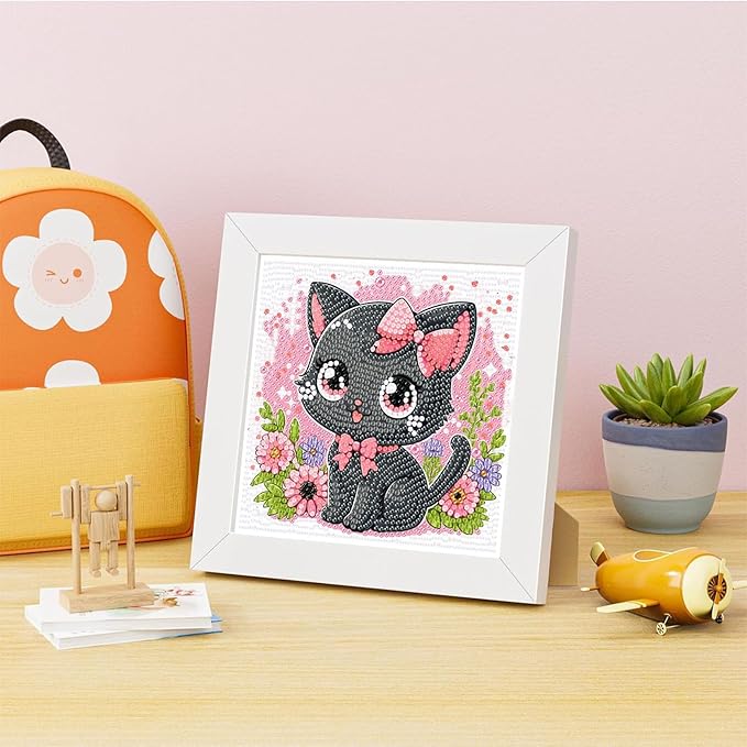 Cat Diamond Art Kits for Kids with Frame-Cat Diamond Art for Kids Ages 4-8-12 with Frame,Animals Diamond Painting Kits for Kid for Gift Home Wall Decoration(7x7inch)
