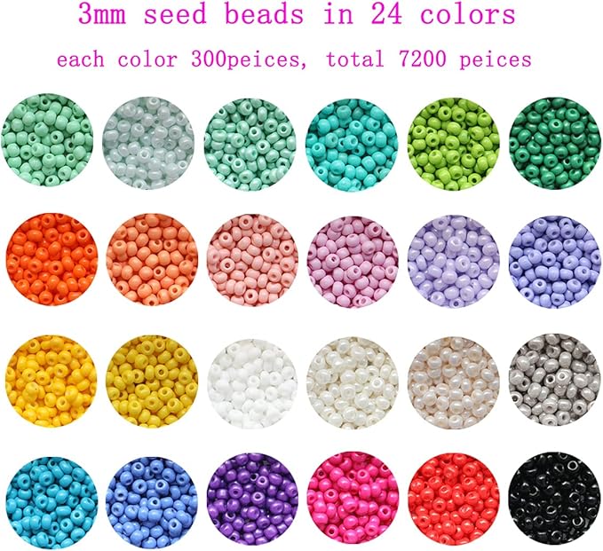 8/0 3mm Glass Seed Beads About 7200pcs 24 Colors Loose Craft Kit Earring Making Seed Beads with 24-Grid Plastic Storage Box for Jewelry Making