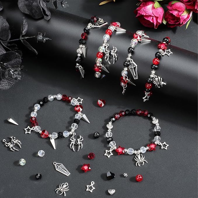 SUNNYCLUE 1 Box 6 Sets Halloween Bracelets Kit Coffin Spider Charms Gothic Charm Round Heart Star Bead Black Red Glass Spacer Beads for Jewelry Making Kits Women Adults DIY Bracelets Craft Gifts