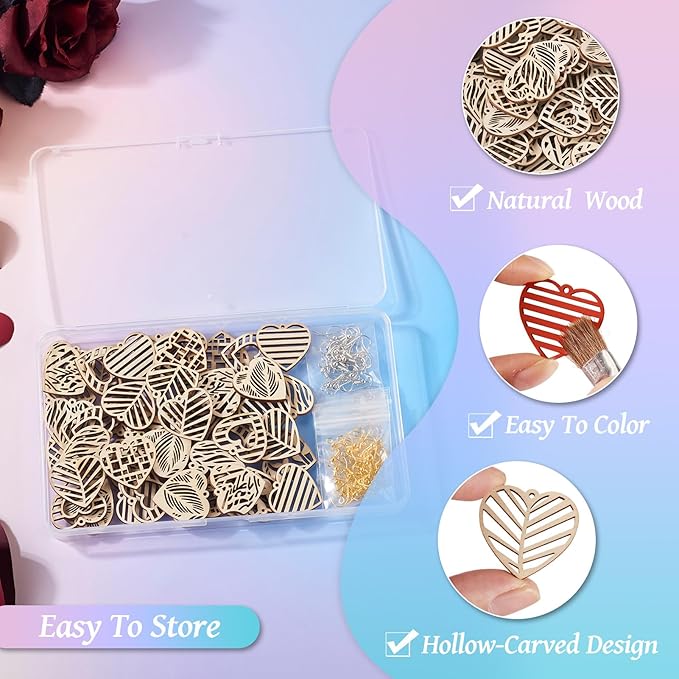 Elecrelive 60pcs Heart Wooden Earring Charms Heart Filigree Earring Making Kit with Ear Wires Jump Rings for Valentine's Day DIY Necklace Jewelry Making