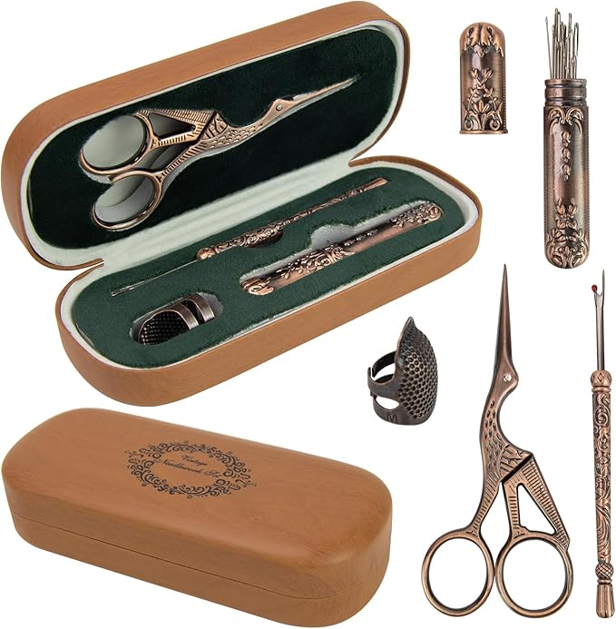 Vintage Embroidery Scissors Kit, Fancy Needlework Set with Crane Stork Shear, Antique Seam Ripper, European Style Thimbles, Needles for Sewing Knitting Cross Stitch Crochet Yarn Thread Cutting