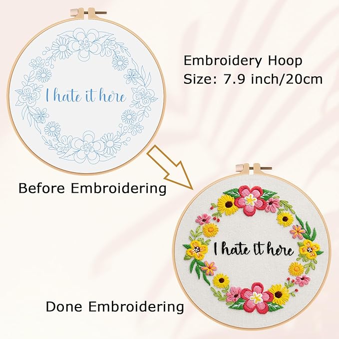 Nuberlic Floral Embroidery Kit for Beginners Cross Stitch Kits- Complete Starter Set with Hoop, Pre-Printed Fabric, Threads & Needles