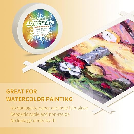 White Art Tape Medium Tack Artist Masking Tape Paper Acid Free Tape Watercolor Painters Tape Artists Tape for Drafting Art Watercolor Painting Canvas Framing, 1 inch Wide 165FT Long
