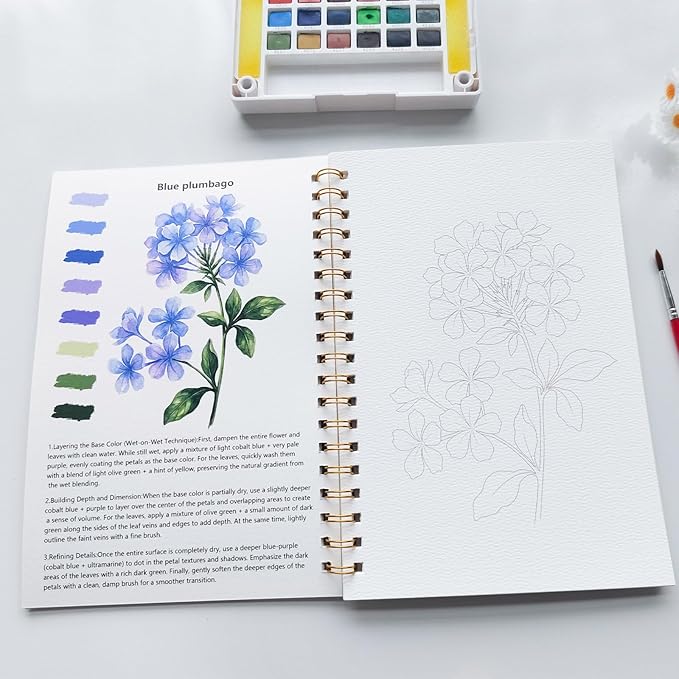 Watercolor Workbook15 Beautiful Flowers Paintings for Adults &Teens Beginners,Water Coloring Book 140lb Cold Press Cotton Watercolor Paper-Ideal Gifts to Spark Creativity Stress Relief(10.2" x 6.9")