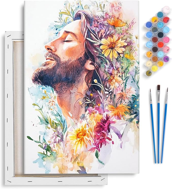 Yezavesu Framed Paint by Numbers Kit for Adults Beginner & Kids Ages 8-12, Jesus Paint by Numbers with Frame, DIY Number Painting for Adults Colorful Flowers for Home Wall Decor Gift 8X 12 inch