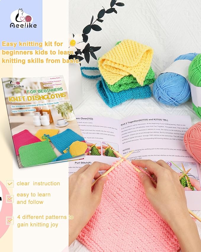 Aeelike Knitting Kit for Beginners, Complete Beginner Crochet Kit Easy Including Knitting Needles Set Cotton Yarn, Learn to Knit Dishcloth with Step-by-Step Instructions, Colorful