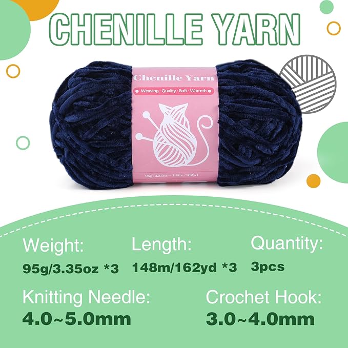 LUNARM Chenille Velvet Yarn for Crocheting Knitting with Big Eye Needles, Handcrafts Weaving Soft Chenille Yarn for Making Blankets Clothes Pattern Knitting-3 * 3.35oz,3 * 162yds (Navy Blue)