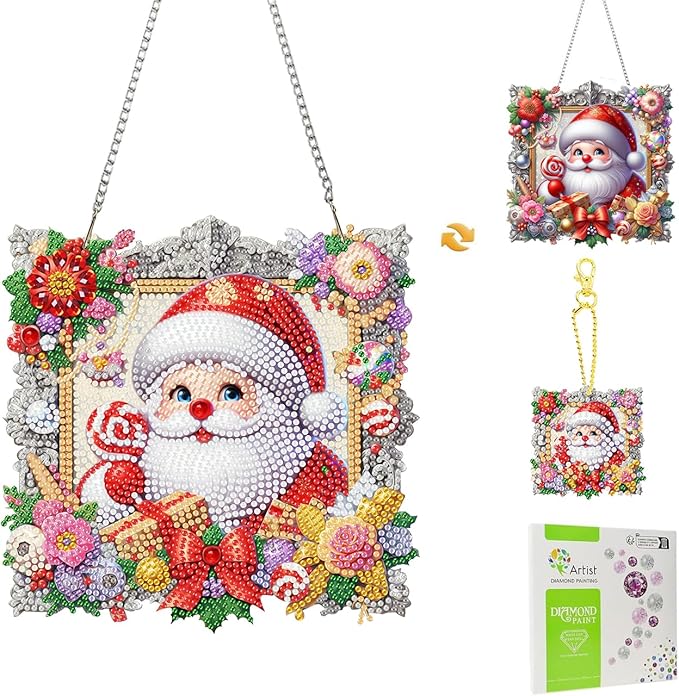 Masendp DIY Christmas Diamond Art Painting Garland Set, Special Shape Rhinestone Hanging Decoration Diamond Art Window Pendant Gift Home Garden Wall Hanging Kit, Double Sided (Santa Claus)