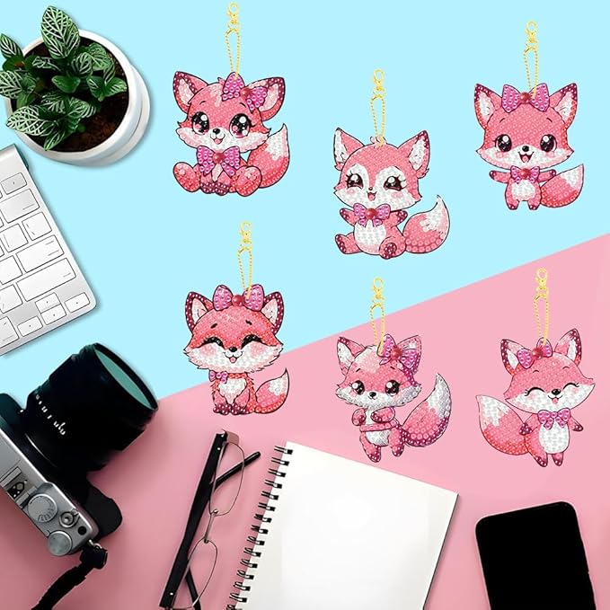 Masendp 8 Piece 5D DIY Animal Diamond Painting Keychain Set, Pink Fox Diamond Pendant Hanging Animal Art Decoration for Adult Beginner Pack Birthday Family Party Decoration