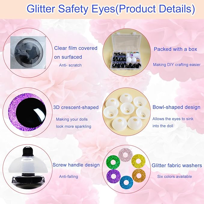 Nizdyzy 36pcs Large Safety Eyes for Crocheting Glitter Safety Eyes for Amigurumi Stuffed Animals Crochet DIY Dolls and Toys Making