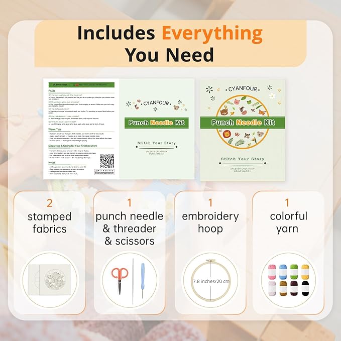 CYANFOUR Punch Needle Kits for Beginner, DIY Punch Needle Kit Adults Beginner Include 2 Pre-printed Fabrics, Embroidery Hoop, Threads, Easy for Adults & Children, Craft Gifts and Decorations 20*20cm