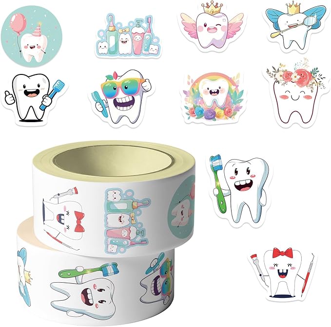 1000pcs tooth stickers roll, 2 rolls 10 styles cartoon teeth fairy sticker, dental reward stickers for dentist, classroom, scrapbooking, party favors, diy crafts