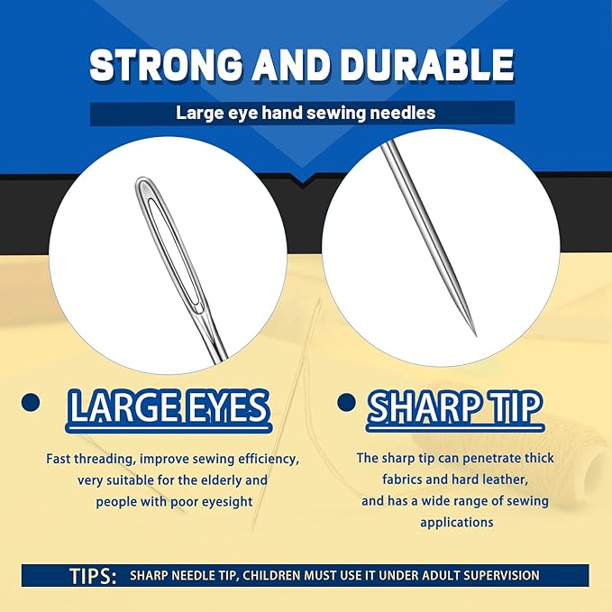 50 Pcs Large Eye Sewing Needles, 7 Size Sewing Needles for Handsewing, Leather Embroidery Thread Sharp Needle, Stainless Steel Yarn Knitting Needle with Threader, Thimble for Repair, Quilting