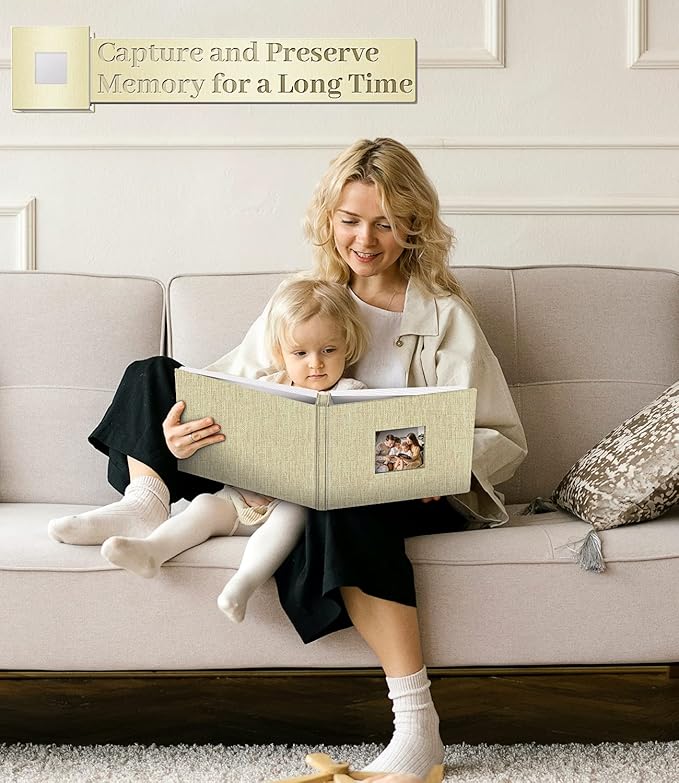 Photo Album Self Adhesive Scrapbook Album for 3x5 4x6 5x7 8x10 Pictures,40 Pages Linen Cover with Display Window DIY Photo Book,Ideal Gifts for Family Travel Wedding Baby