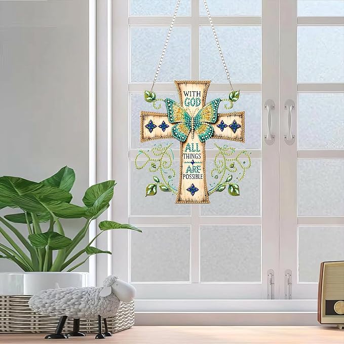 RYMILIE Diamond Art Hanging Kits for Adults, Cross Special Shaped Diamond Painting,Double Sided 5D DIY Acrylic Diamond Art Painting Window Pendants Home Garden Wall Hanging Kits Butterfly Ornament.