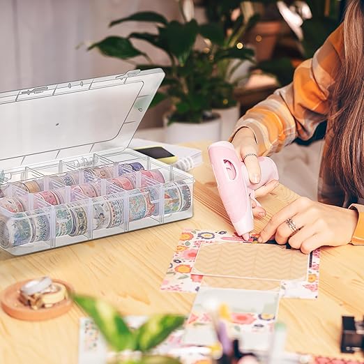 BTSKY 1 PCS Plastic Washi Tape Organizer, Adjustable 15-Grid Compartment Washi Tape Storage Case, Clear Sticker Storage Box for Scrapbook Organizers and Storage, Universal Jewelry Box Bead Organizer