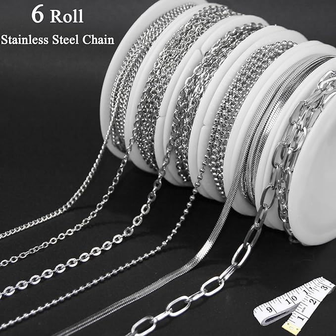 Necklace Chain for Jewelry Making, 42.6 Feet 6 Roll Stainless Steel Silver Jewelry Link Chains for DIY Necklace Bracelets Keychain Craft Jewelry Making Supplies with Jump Rings Lobster Clasp Connector