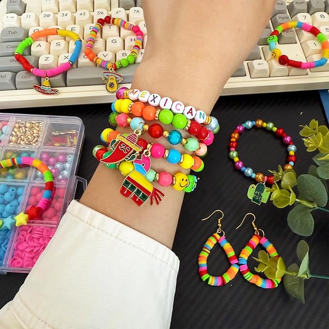 2200PCS+ Cinco De Mayo Fiesta Beads Mexican Beads for Bracelets Jewelry Making Kit, Colorful Polymer Clay Beads Assorted Pearl Crystal Acrylic Star Beads with Sombrero Chili Cactus Fiesta Charms