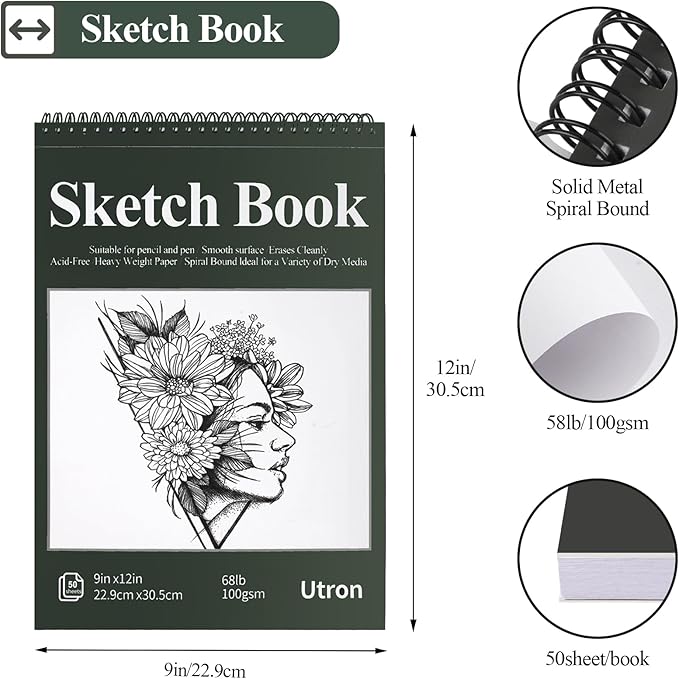 Utron 9"x12" Sketchbook Drawing, Top Spiral Sketching Pad, 100GSM/68LB Acid Free Art Sketching Pad, Drawing Paper, Beginner Artist (50 Sheets, White)