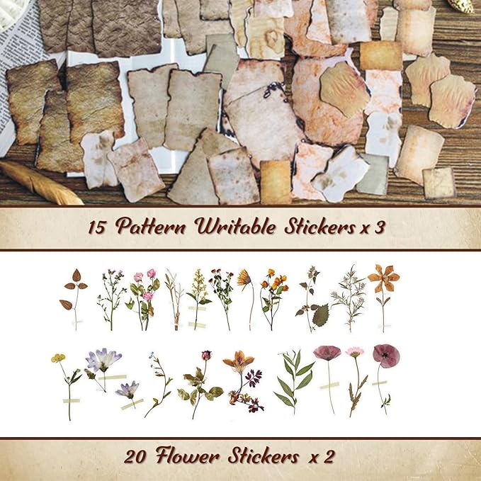565 Pcs Vintage Scrapbook Paper Kit, Scrapbook Paper Supplies with Flowers Stickers, Journaling Decorative CraftPaper Set for Junk Journal, Retro Crafts
