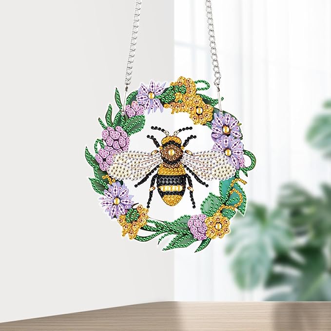AiYuanzsh Honeybee DIY Acrylic Diamond Art Painting Pendant Kits Bee Special Shaped Rhinestone Round Diamond Art Window Pendants Home Garden Wall Door Birthday Xmas Festival Gifts