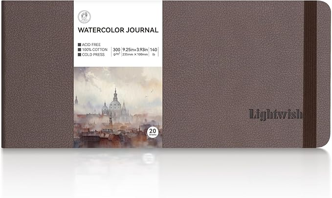 Lightwish Watercolor Journal, 100% Cotton Cold Press Watercolor Paper Sketchbook 9.25” x 3.93”, 20 Sheets (140lb/300gsm), Acid-Free for Watercolors, Gouache, Acrylics