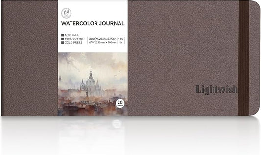 Lightwish Watercolor Journal, 100% Cotton Cold Press Watercolor Paper Sketchbook 9.25” x 3.93”, 20 Sheets (140lb/300gsm), Acid-Free for Watercolors, Gouache, Acrylics