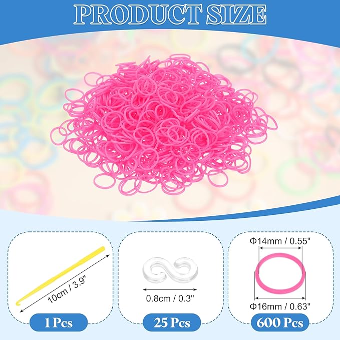 uxcell 600Pcs Loom Rubber Band, Bracelet Making Refill Kit Elastic Loom Band with 25Pcs S-Clips and 1Pcs Crochet Hooks for Weaving DIY Handcrafts, Bright Pink