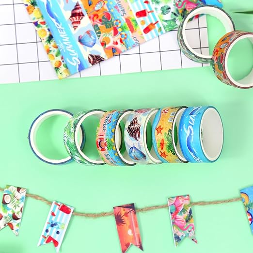 Summer Washi Tape Set,12 Rolls Hawaii Beach Holiday Decorative Tape Flamingo Tropical Leaves Coconut Watermelon Pineapple Masking Tape for Journaling Supplies, Gift Wrapping, DIY Art&Crafts