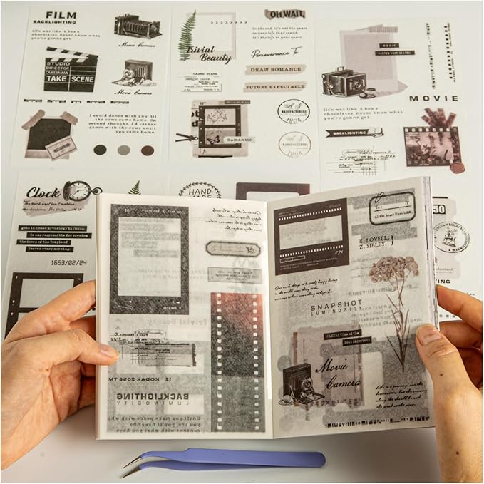 40 Sheets Vintage Washi Stickers Book for Adults, Junk Journal Book Ephemera with 180pcs Film Stickers and 20 Adhesive Scrapbooking Papers, Bullet Journaling Scrapbook Supplies