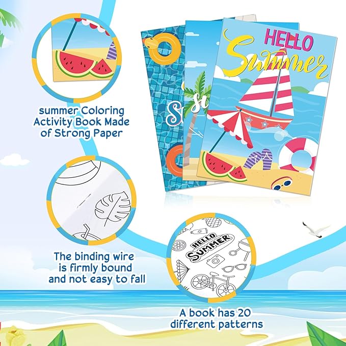 Liliful 144 Pcs Summer Coloring Book Bulk DIY Art Drawing Book with Beach Sea Watermelon Patterns Summer Favors Goodie Bag Filler and Holiday Gifts