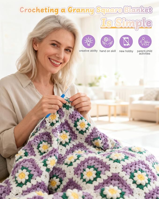 Coopay Blanket Crochet Kit for Beginners, All-in-One Granny Square Blanket Kit with Step-by-Step Video & Enough Yarns - Master 3D Granny Square Crocheting Easily, Ideal Gift for Craft Lovers (Purple)