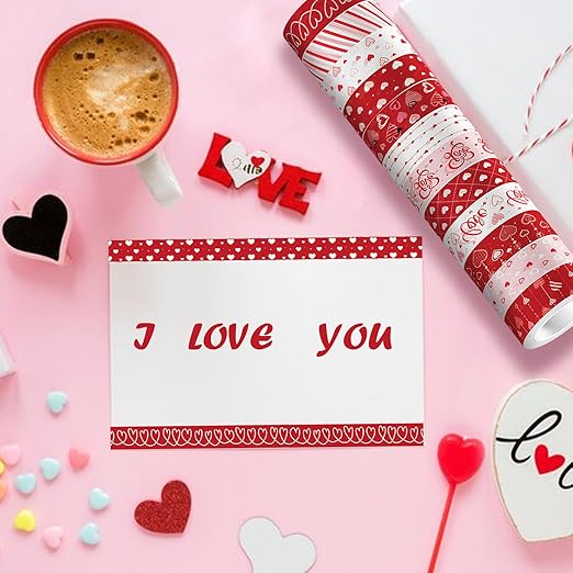 12 Rolls Love Heart Washi Tape Set, Red Stripe Checked Masking Tapes, Red Heart Decorative Tape for Journaling Supplies, Wedding Party, Junk Journal, Scrapbooking, Planner, DIY Arts Crafts 16.4FT