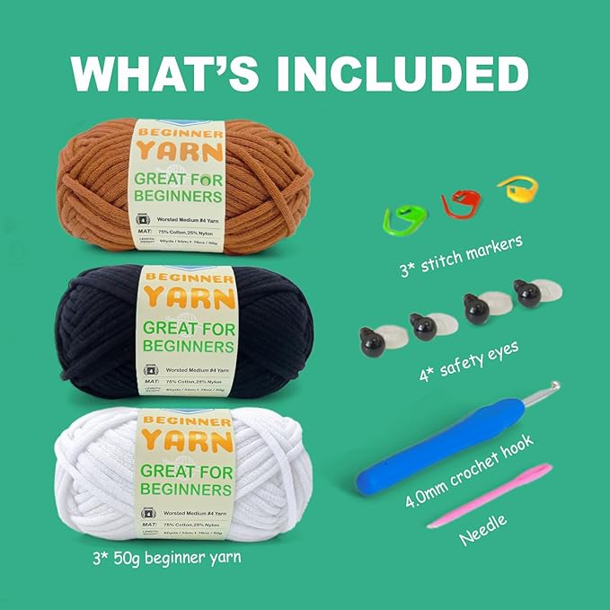 3 * 50g/1.76oz Yarn for Crocheting and Knitting, 3 * 60yds Beginner Yarn with Easy-to-See Stitches; Worsted-Weight Medium #4;Amigurumi-Friendly Crochet Kit(Coffee+Black+White)