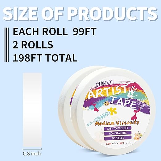 2 Packs Artist Tape Medium Tack White Art Tape for Watercolor Paper Drafting Art Painting Canvas Framing Acid Free Masking Tape- 0.8IN Wide 197FT Long Total