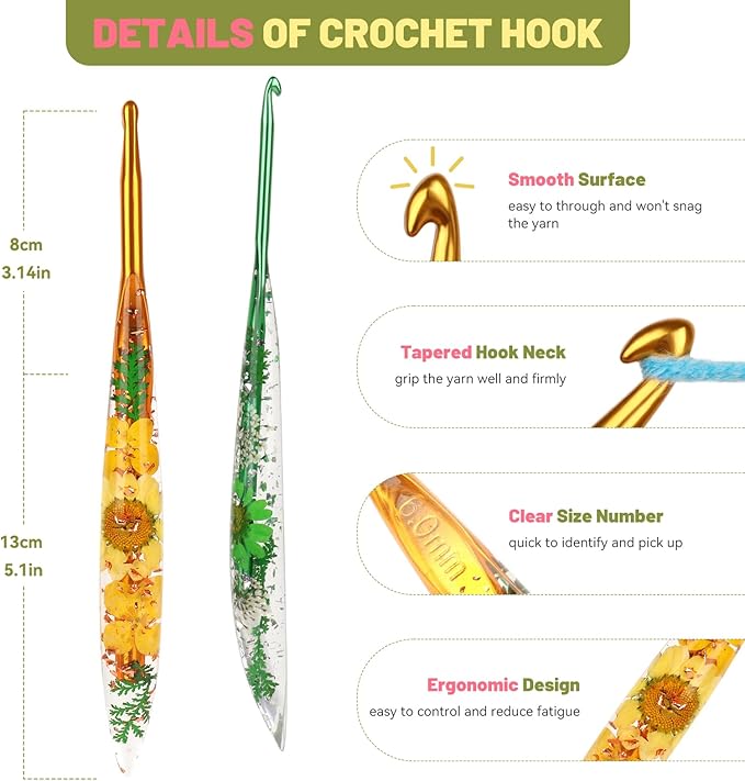 Aeelike Crochet Hooks Set, 3.0mm-6.0mm Ergonomic Crochet Hooks with Long Floral Handle-Super Shinny and Unique for DIY Crfats Blnaket Sweaters, Ideal & Beautiful Gifts for Mothers Crocheting Lovers